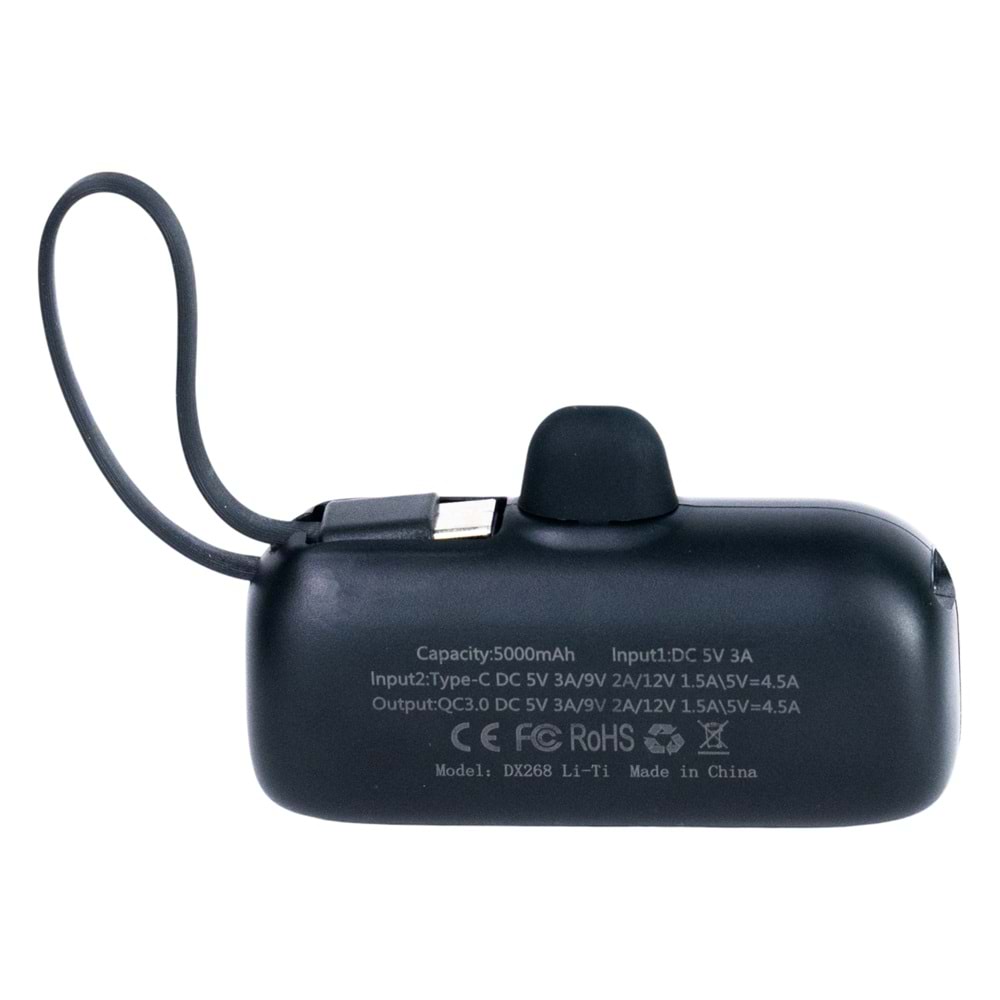 5.000 mAh Mini Powerbank 22.5W Hızlı Şarj, Lightning Girişli, Taşınabilir Şık Tasarım Siyah