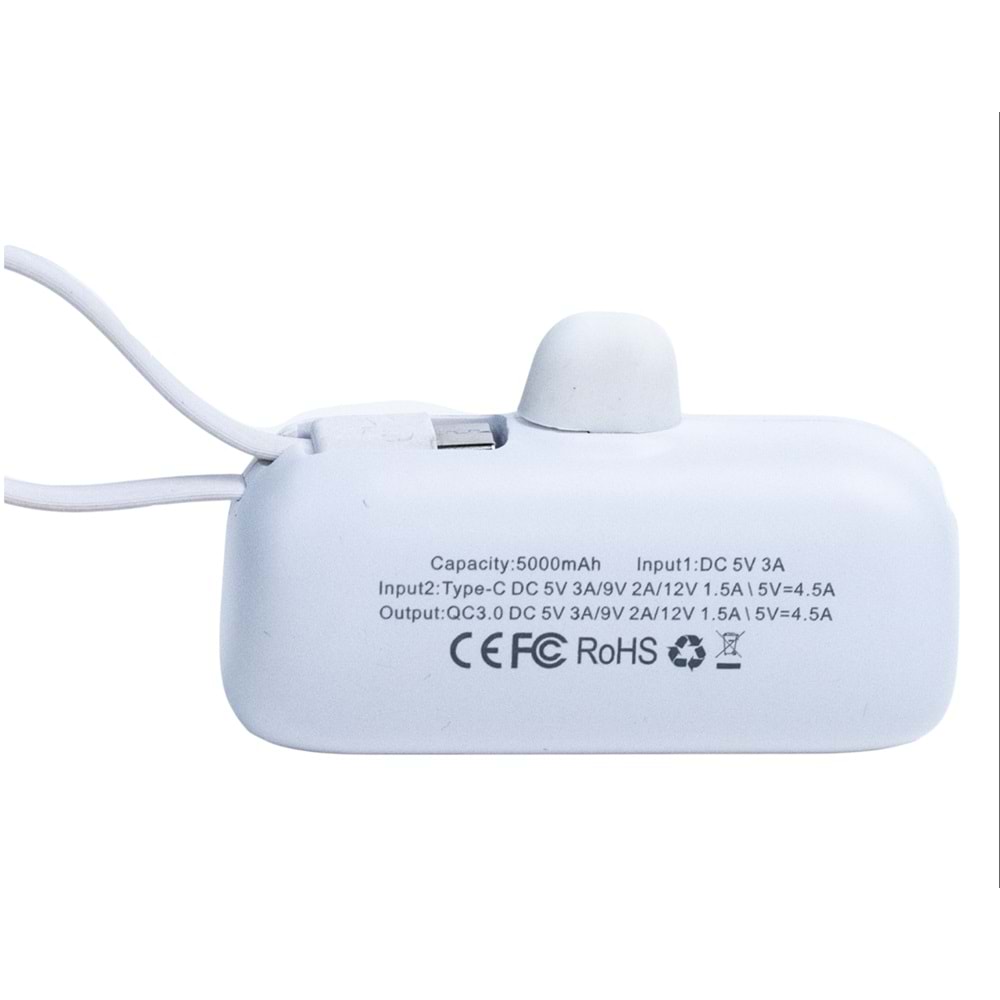 5.000mAh Mini Powerbank 22.5W Hızlı Şarj, Lightning Girişli, Taşınabilir Şık Tasarım, Beyaz