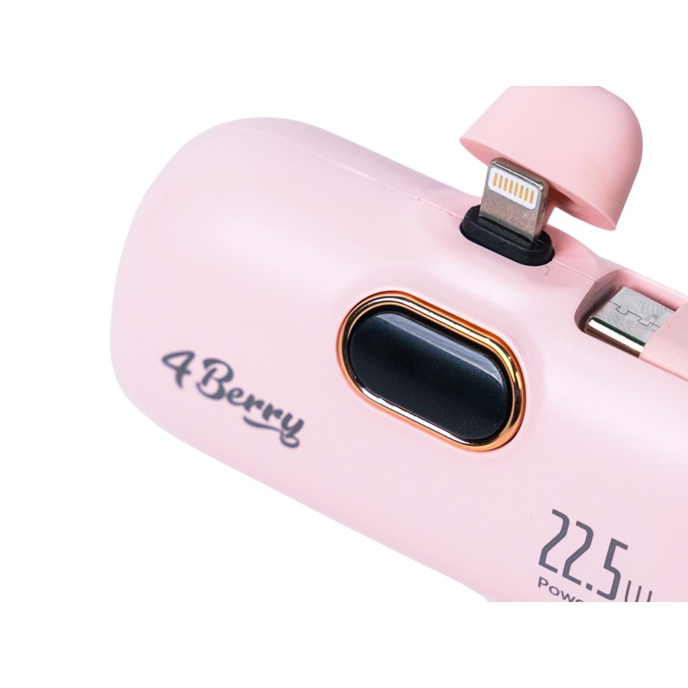 5.000 mAh Mini Powerbank 22.5W Hızlı Şarj, Lightning Girişli, Taşınabilir Şık Tasarım Pembe