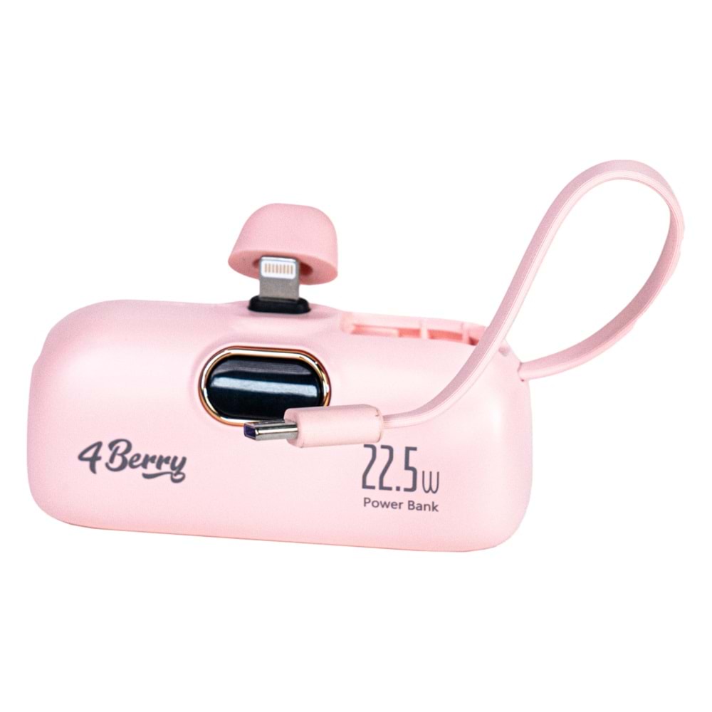 5.000 mAh Mini Powerbank 22.5W Hızlı Şarj, Lightning Girişli, Taşınabilir Şık Tasarım Pembe