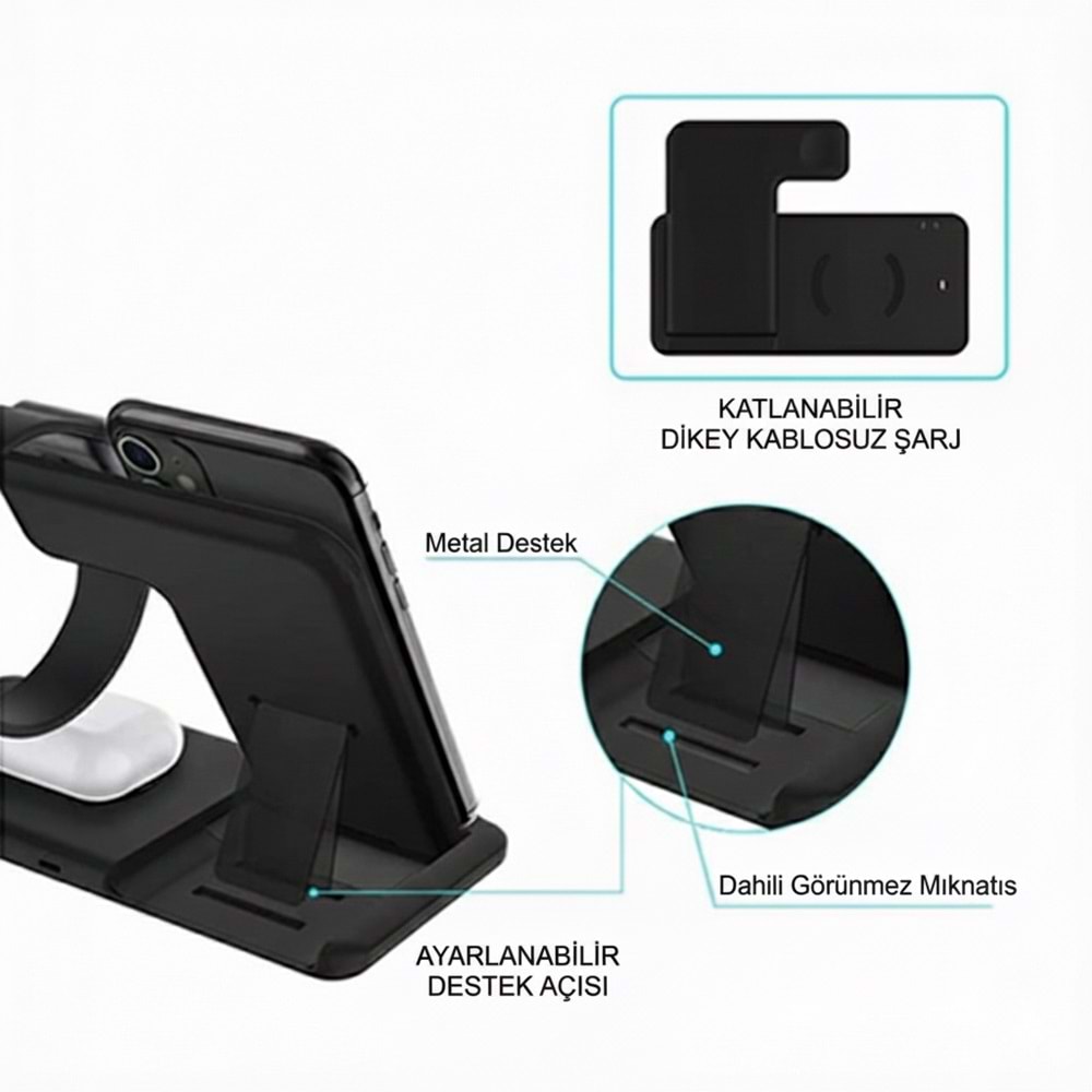 ABK-Q20S Siyah 4-in-1 Kablosuz Şarj Standı – Telefon, Saat, Kulaklık, Apple Pencil