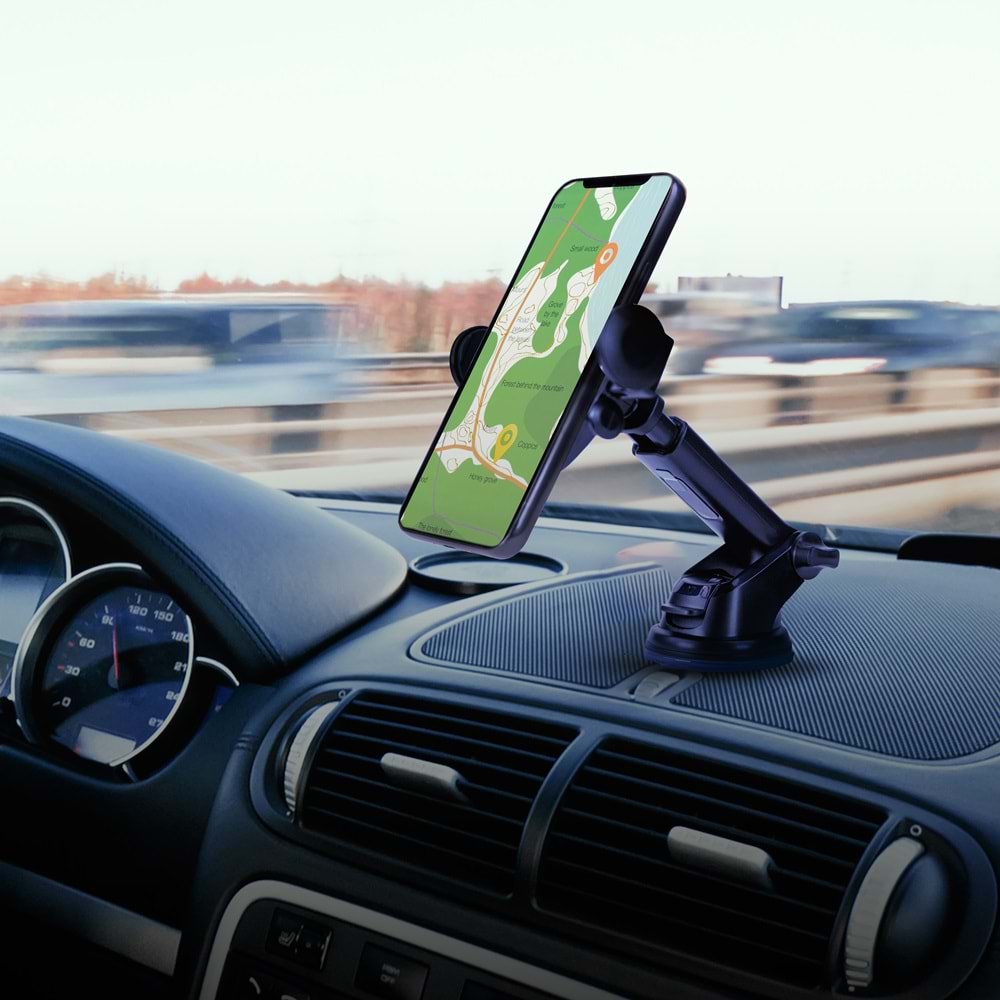 HDCF01S Siyah Araç Telefon Tutucu – 4.0–6.2¨, 360° Döner, Vakumlu Sabitleme