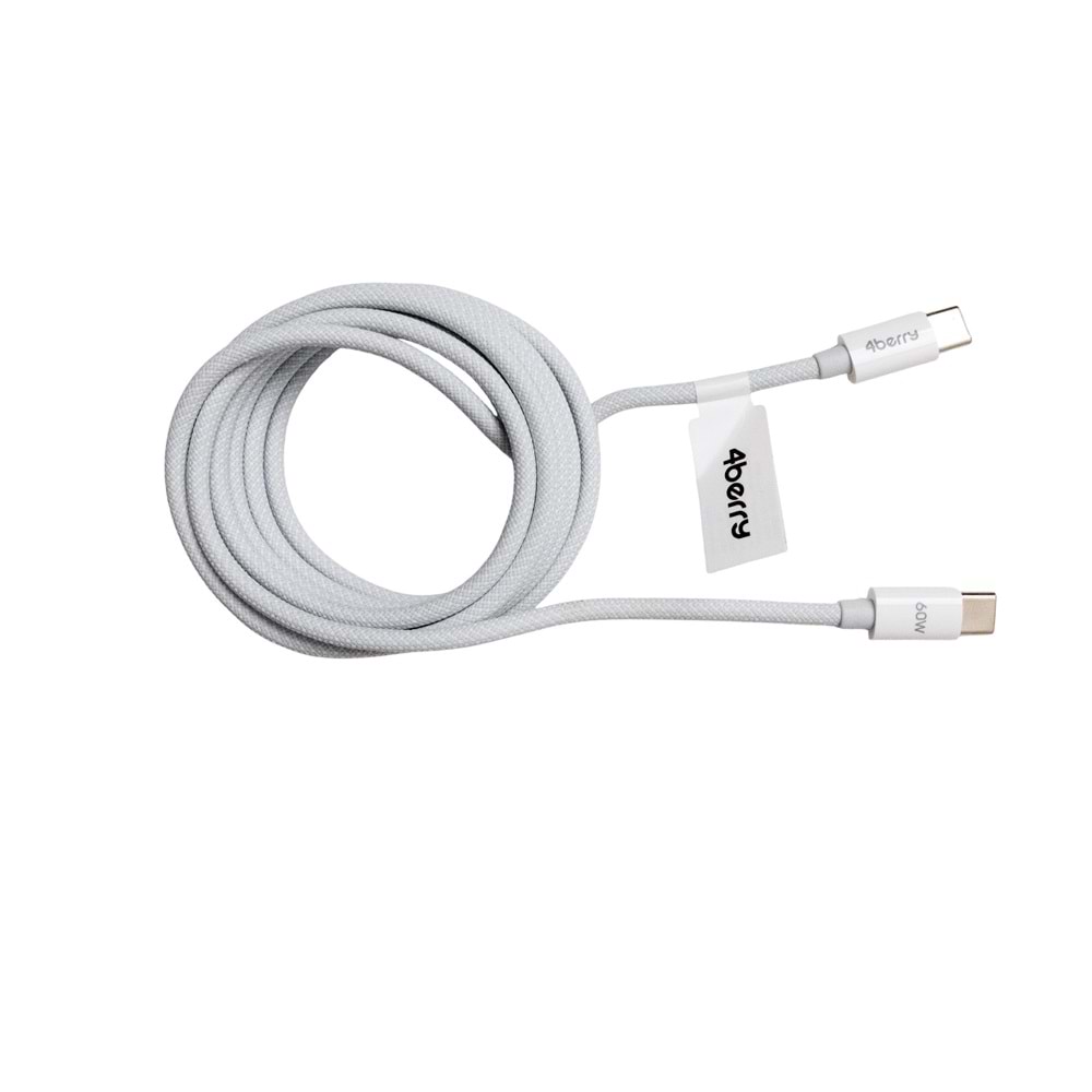 4Berry ECO-CC Beyaz USB-C›C Kablosu – 1.2 m, Örgülü, 60 W Hızlı Şarj