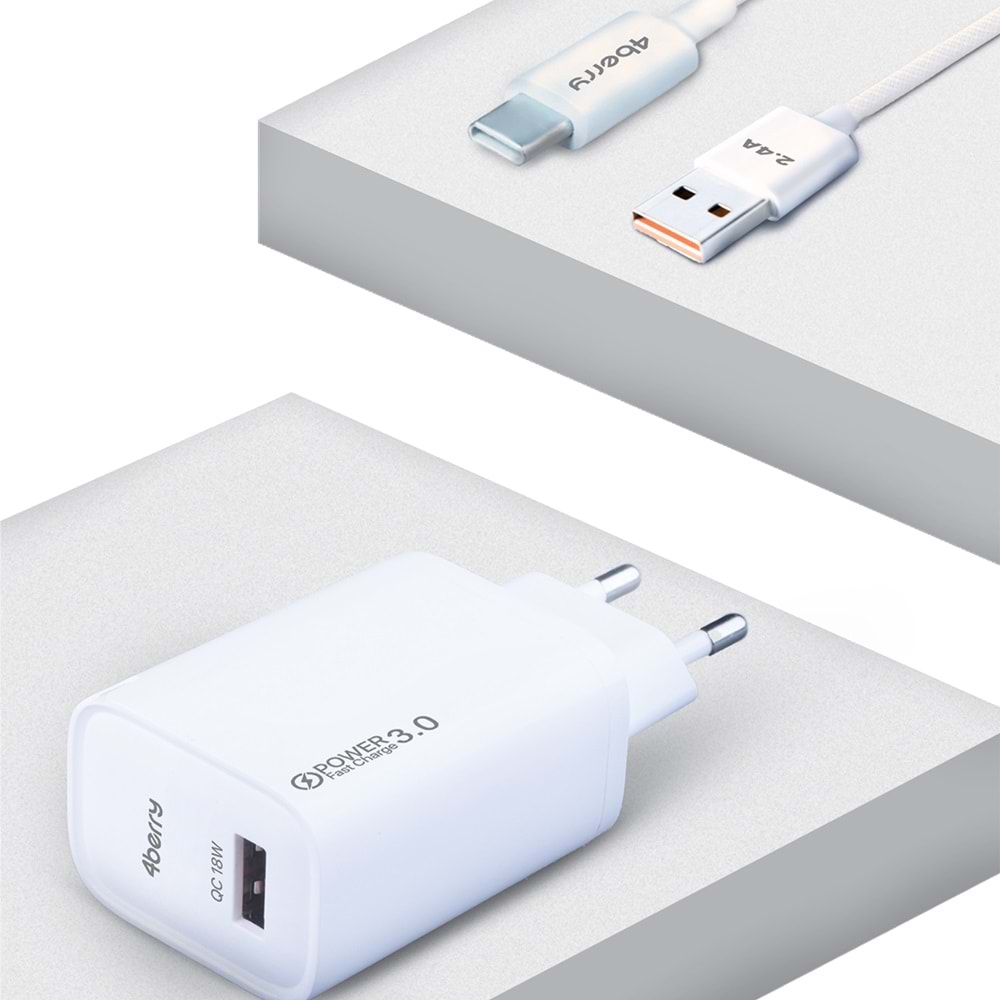 AC18 ECO Bundle 18W Hızlı Şarj Cihazı + USB-A to Type-C Kablo , QC 3.0 Destekli