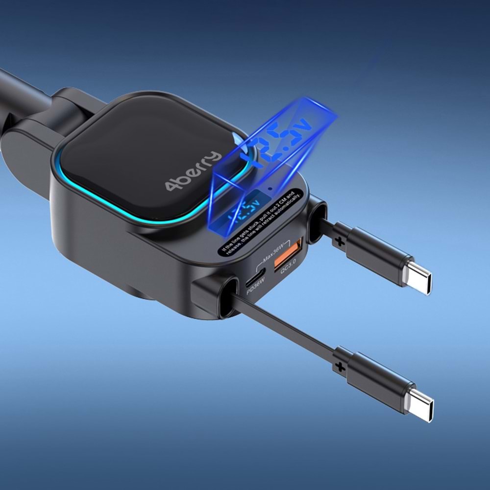 SC07 96W Araç Şarj Cihazı – PD3.0 & QC3.0 Hızlı Şarj, Çift Toplanabilir Kablo, LED Ekran