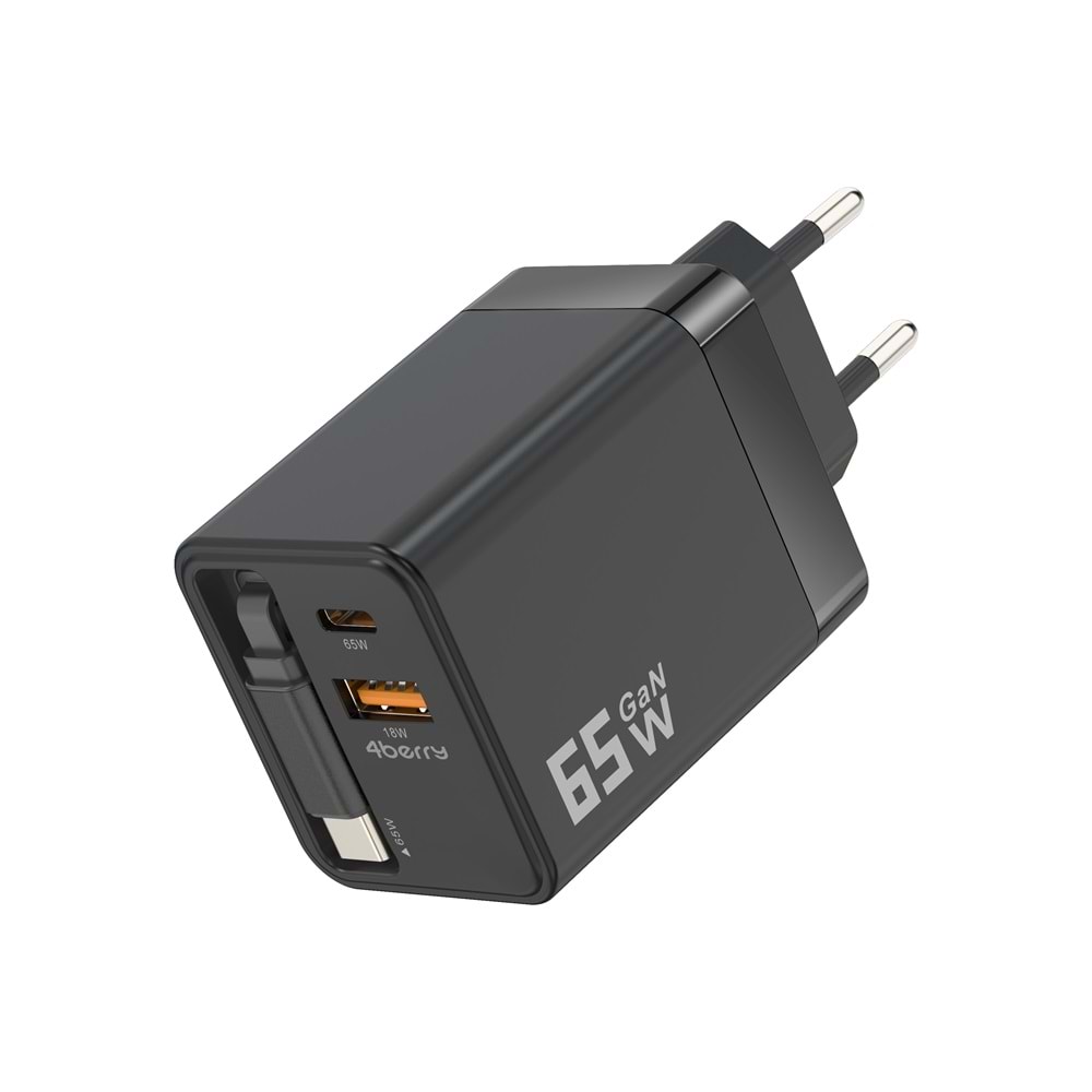 GaN Pro Charge 65W Hızlı Şarj Adaptörü Type-C + USB-A + Dahili Kablo