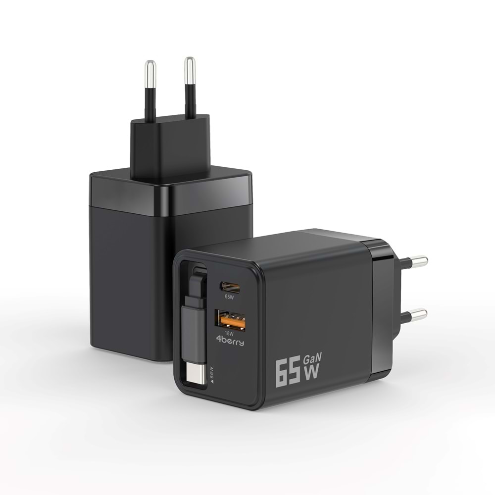 GaN Pro Charge 65W Hızlı Şarj Adaptörü Type-C + USB-A + Dahili Kablo