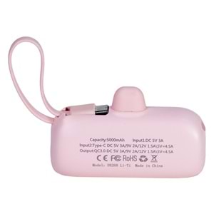 5.000 mAh Mini Powerbank 22.5W Hızlı Şarj, Lightning Girişli, Taşınabilir Şık Tasarım Pembe