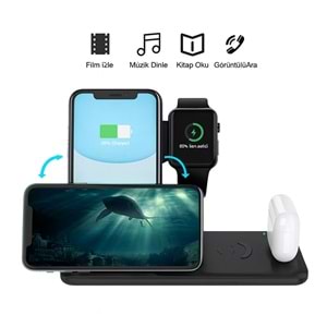 ABK-Q20S Siyah 4-in-1 Kablosuz Şarj Standı – Telefon, Saat, Kulaklık, Apple Pencil