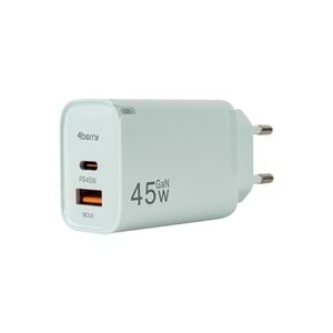 AD17 45W Beyaz Süper Hızlı Şarj Adaptörü – Çift Port USB-A & USB-C, PD + QC3.0 Destekli