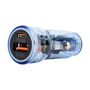 BR01 48W Şeffaf Mavi Araç Şarj Cihazı | PD & QC 3.0 Destekli, Çift USB Hızlı Şarj