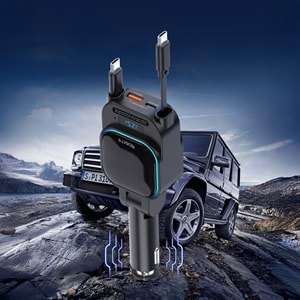 SC07 96W Araç Şarj Cihazı – PD3.0 & QC3.0 Hızlı Şarj, Çift Toplanabilir Kablo, LED Ekran