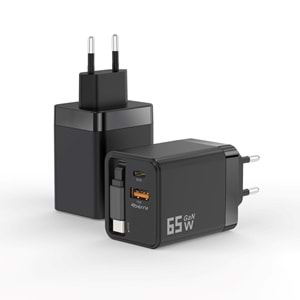 GaN Pro Charge 65W Hızlı Şarj Adaptörü Type-C + USB-A + Dahili Kablo