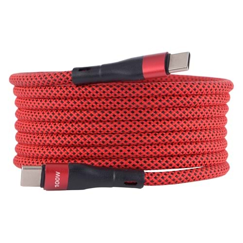 Manyetik 100W Type-C to Type-C Süper Hızlı Şarj ve Veri Kablosu 2 M KIRMIZI