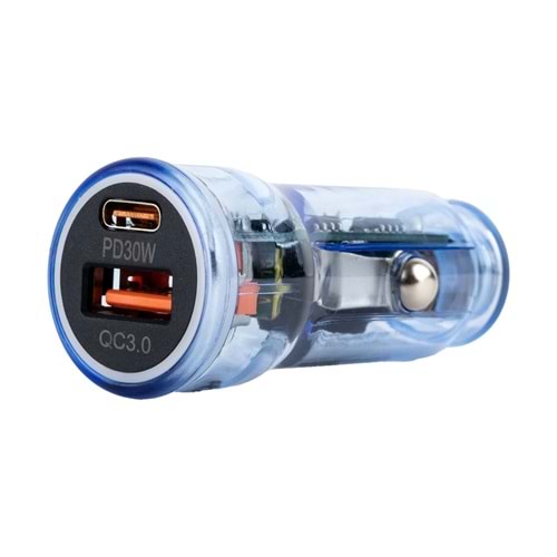 BR01 48W Şeffaf Mavi Araç Şarj Cihazı | PD & QC 3.0 Destekli, Çift USB Hızlı Şarj