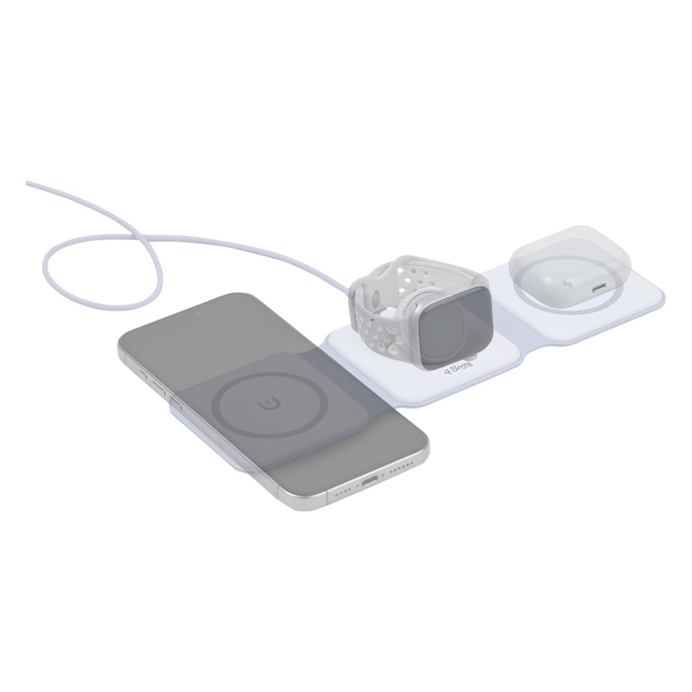 W07B Beyaz 3 in 1 Manyetik Kablosuz Şarj Standı – iPhone, AirPods, Apple Watch
