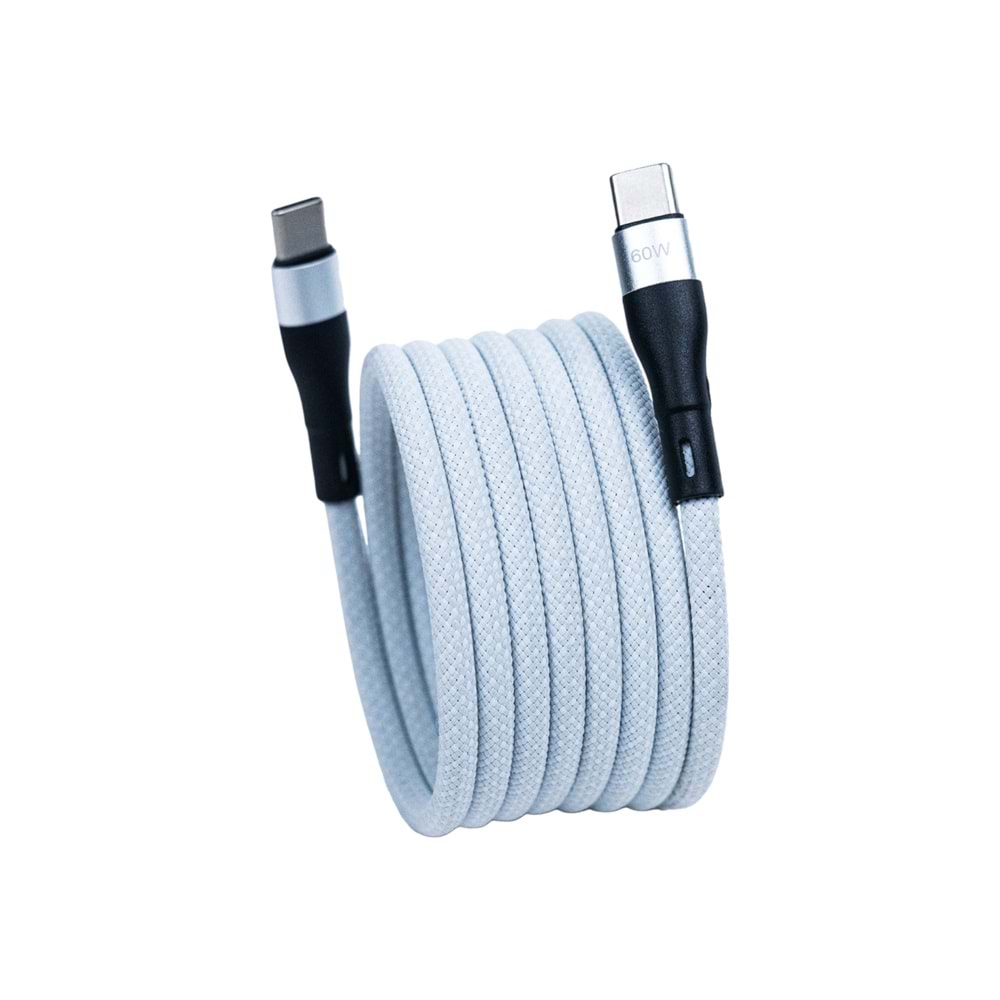 Manyetik 60W Type-C to Type-C Süper Hızlı Şarj ve Veri Kablosu 2 M BEYAZ
