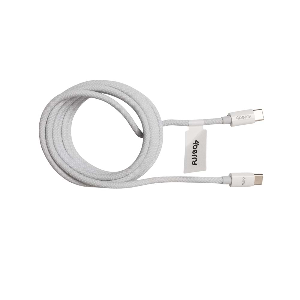 4Berry ECO-CC Beyaz USB-C›C Kablosu – 1.2 m, Örgülü, 60 W Hızlı Şarj