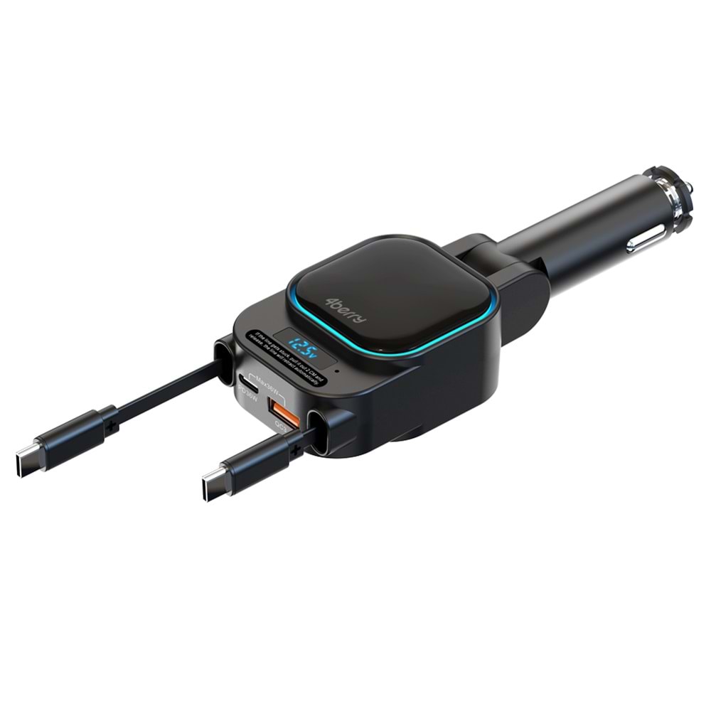 SC07 96W Araç Şarj Cihazı – PD3.0 & QC3.0 Hızlı Şarj, Çift Toplanabilir Kablo, LED Ekran