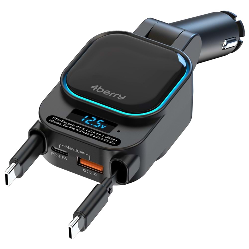 SC07 96W Araç Şarj Cihazı – PD3.0 & QC3.0 Hızlı Şarj, Çift Toplanabilir Kablo, LED Ekran